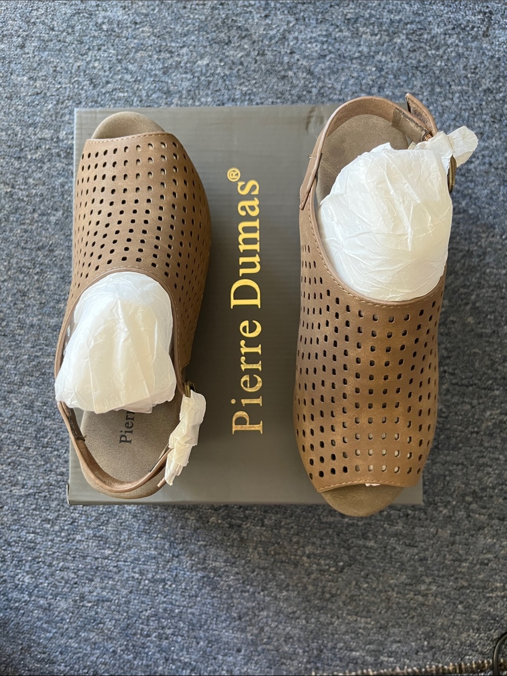 Pierre Dumas Cognac Perforated Slingback Wedge Sandals
